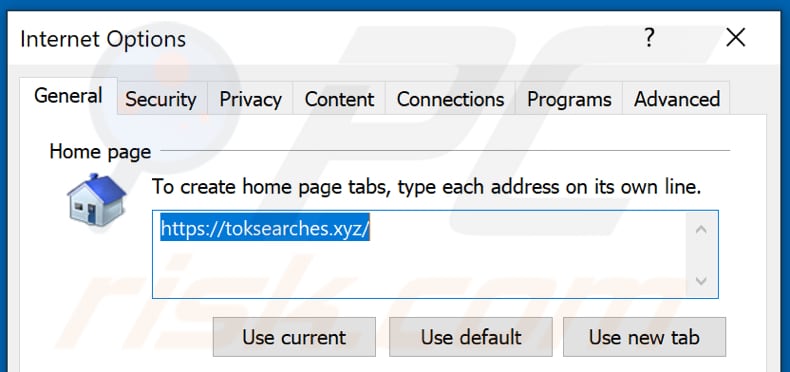 Removing toksearches.xyz from Internet Explorer homepage