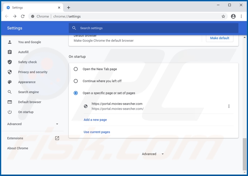 Removing movies-searcher.com from Google Chrome homepage