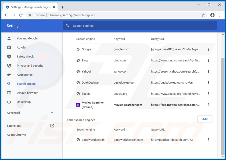 Removing movies-searcher.com from Google Chrome default search engine