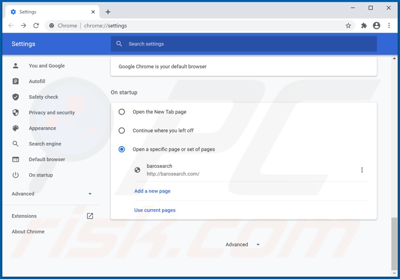 Removing barosearch.com from Google Chrome homepage
