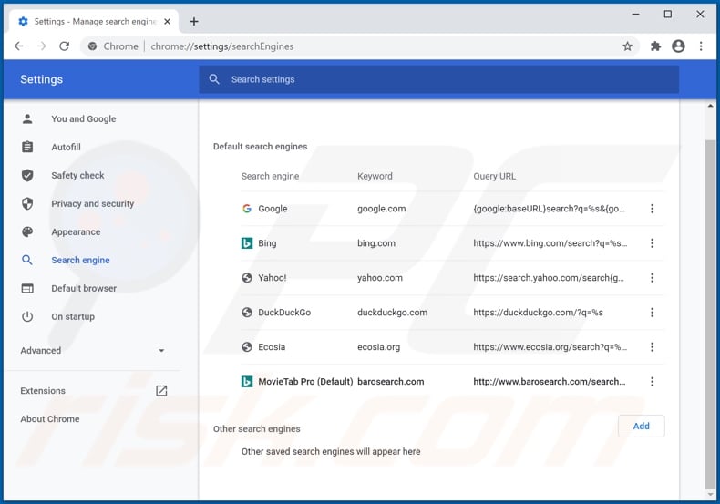 Removing barosearch.com from Google Chrome default search engine