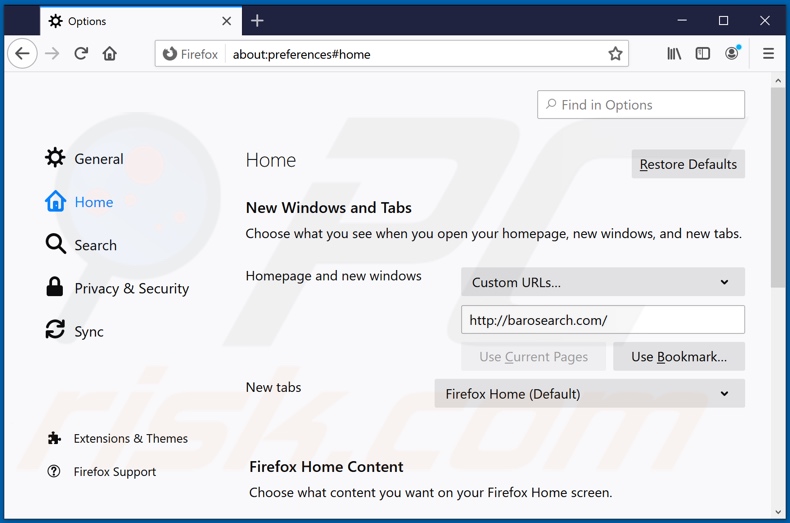 Removing barosearch.com from Mozilla Firefox homepage