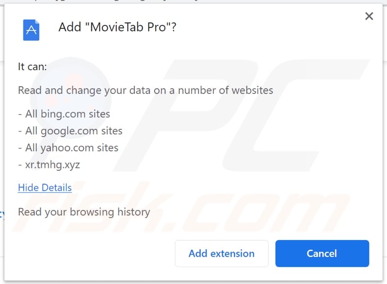 MovieTab Pro browser hijacker asking for permissions