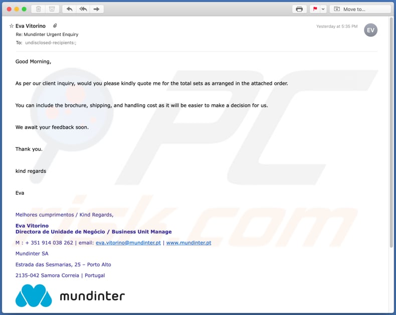 Mundinter Email Virus malware-spreading email spam campaign