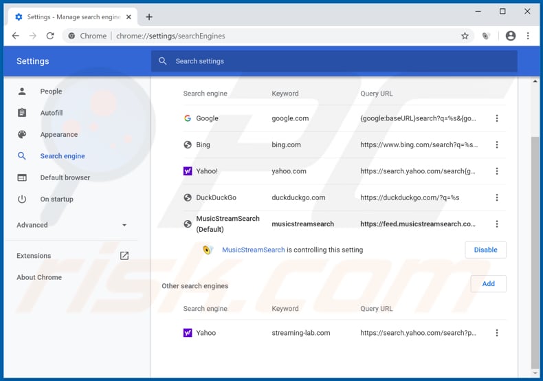 Removing musicstreamsearch.com from Google Chrome default search engine