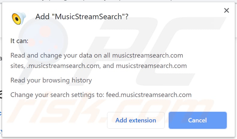 musicstreamsearch browser hijacker asks for a permission to be installed