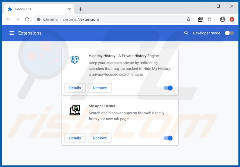 Removing hmyappscenter.net related Google Chrome extensions