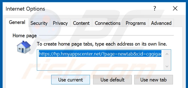 Removing hmyappscenter.net from Internet Explorer homepage