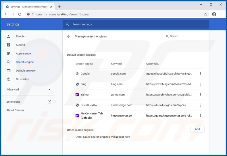 Removing hmyconverter.co from Google Chrome default search engine