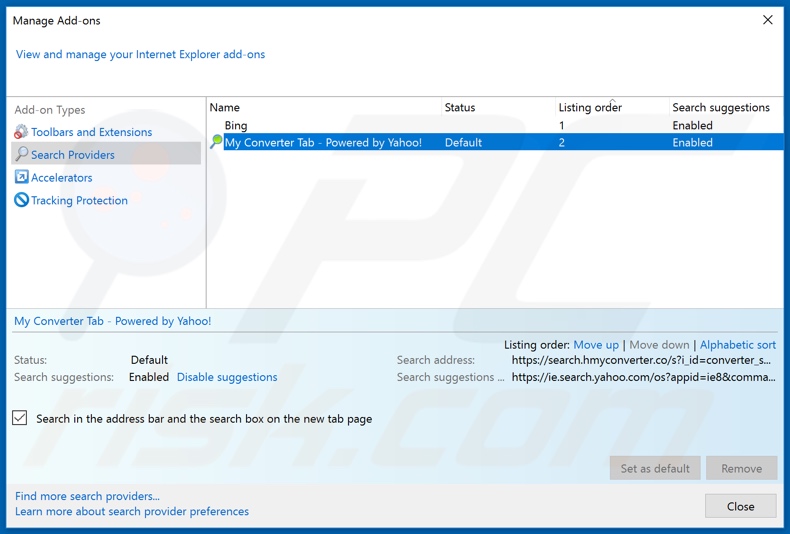 Removing hmyconverter.co from Internet Explorer default search engine