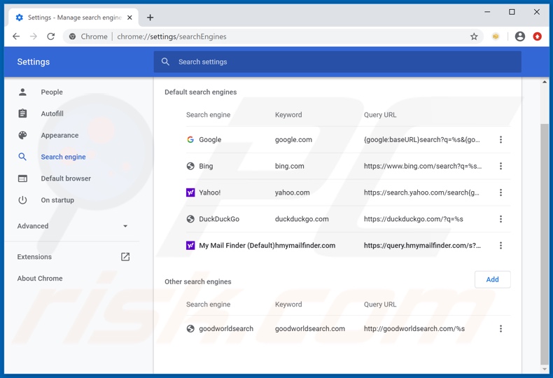 Removing hmymailfinder.com from Google Chrome default search engine