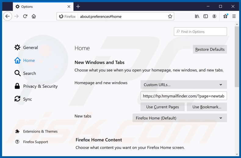 Removing hmymailfinder.com from Mozilla Firefox homepage