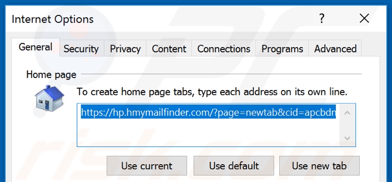 Removing hmymailfinder.com from Internet Explorer homepage