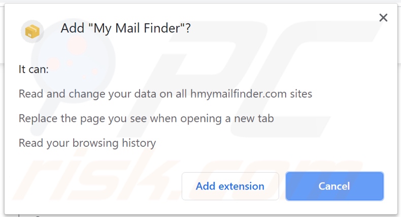 My Mail Finder browser hijacker asking for permissions