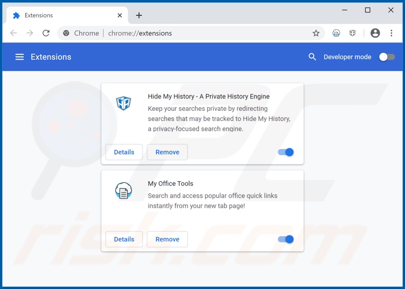 Removing hmyofficetools.co related Google Chrome extensions