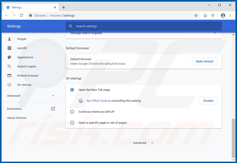 Removing hmyofficetools.co from Google Chrome homepage