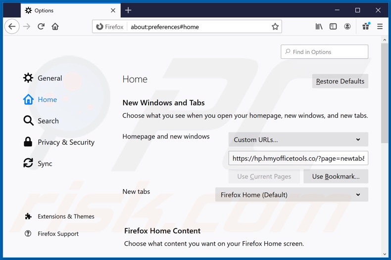 Removing hmyofficetools.co from Mozilla Firefox homepage