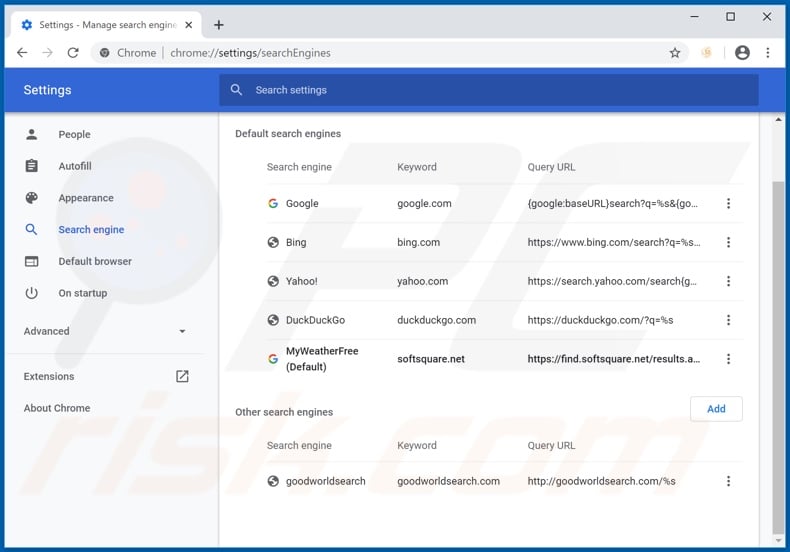 Removing softsquare.net from Google Chrome default search engine