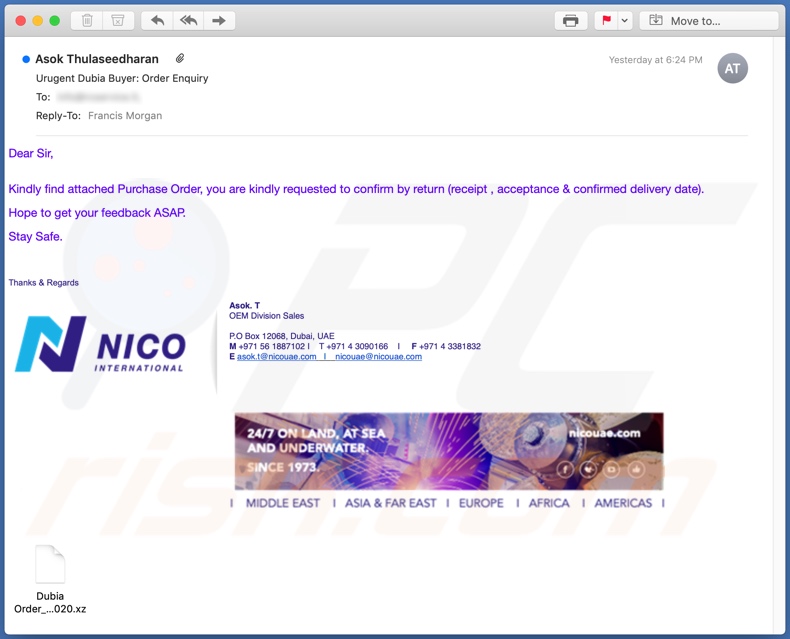 Nico International malware-spreading email spam campaign
