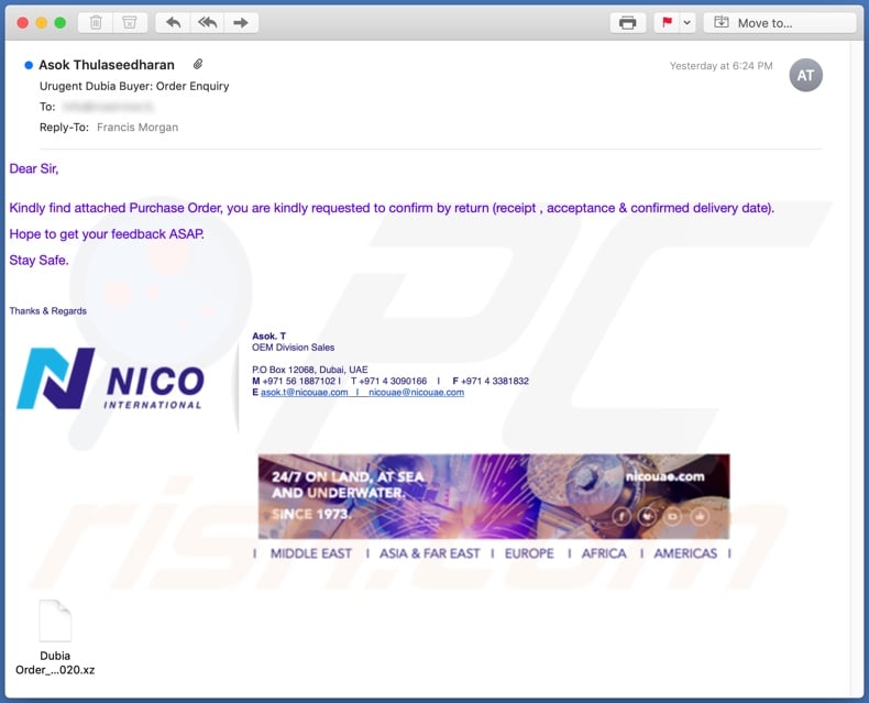 Nico International malware-spreading email spam campaign