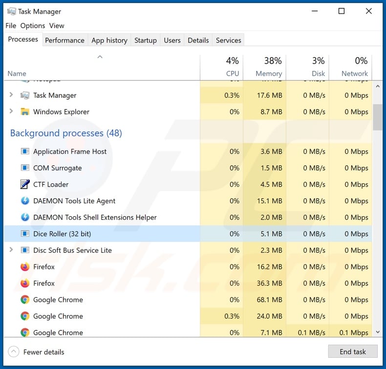 Malicious executbale process on Task Manager (Dice Roller)