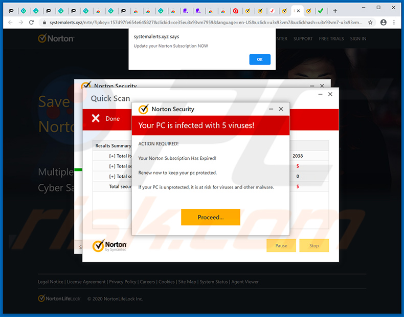 systemalerts.xyz displaying Norton Subscription Has Expired Today pop-up scam