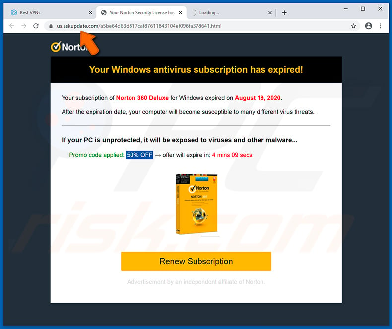 Norton Subscription Has Expired Today pop-up scam displayed by  us.askupdate.com website