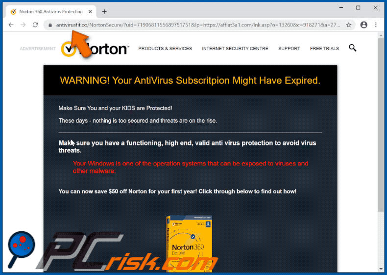 antivirusfit.co website delivering Norton Subscription Has Expired Today pop-up scam