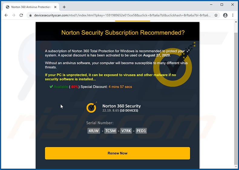 Norton Subscription Has Expired Today pop-up scam delivered by devicesecurityscan.com website