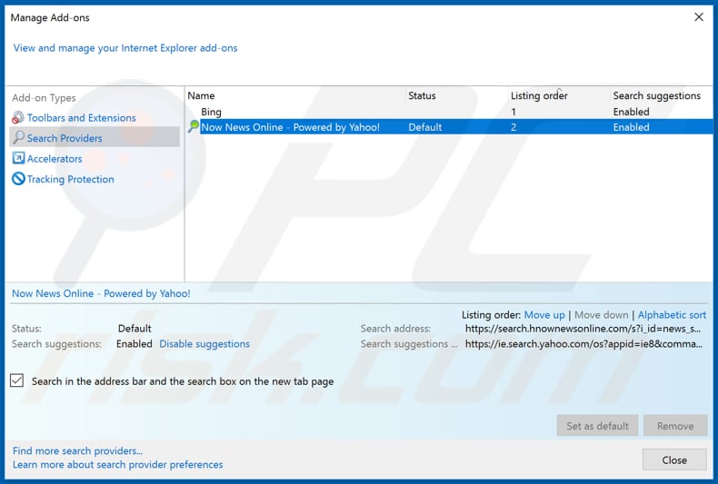 Removing hnownewsonline.com from Internet Explorer default search engine