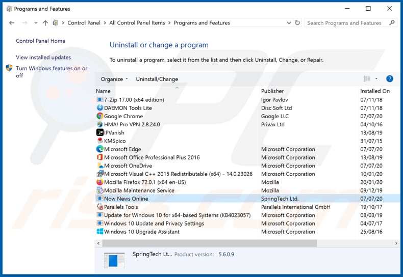 hnownewsonline.com browser hijacker uninstall via Control Panel