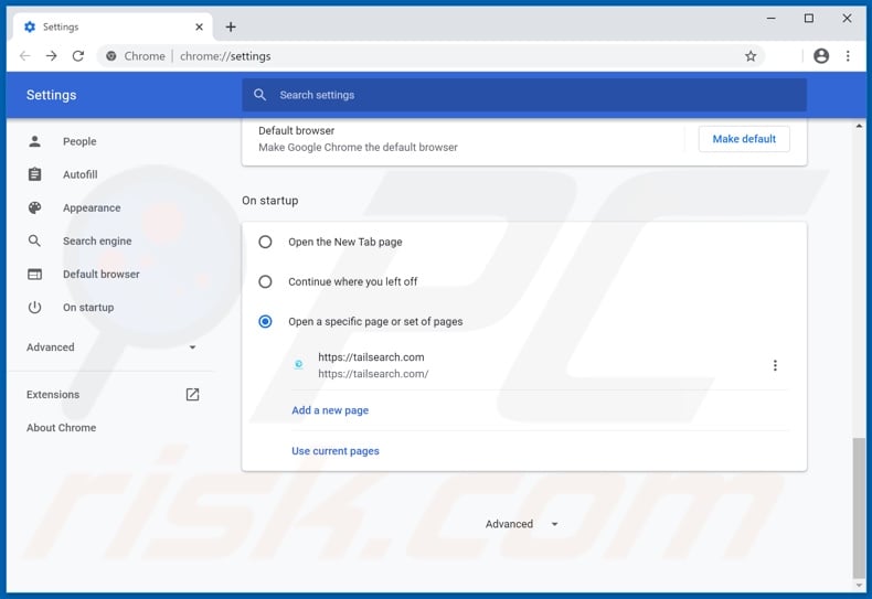 Removing tailsearch.com from Google Chrome homepage