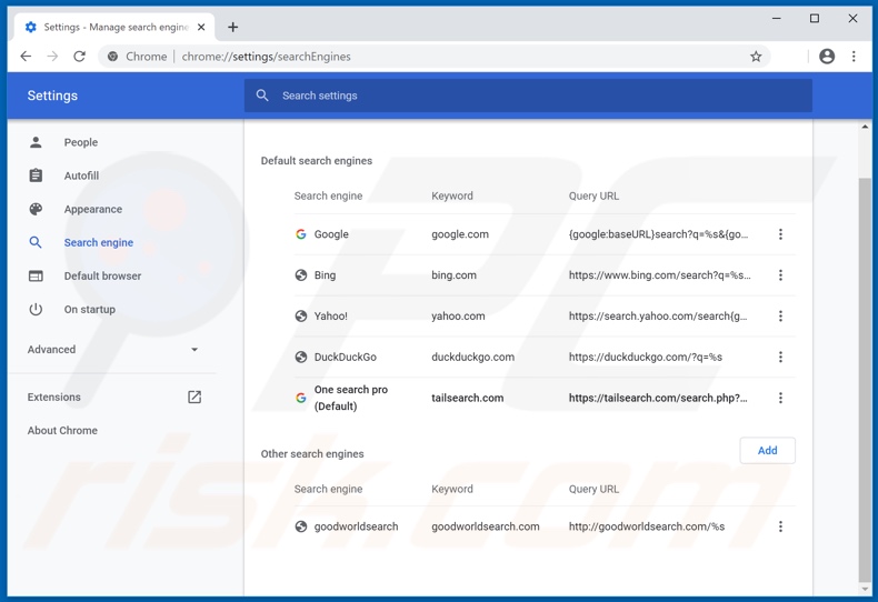 Removing tailsearch.com from Google Chrome default search engine