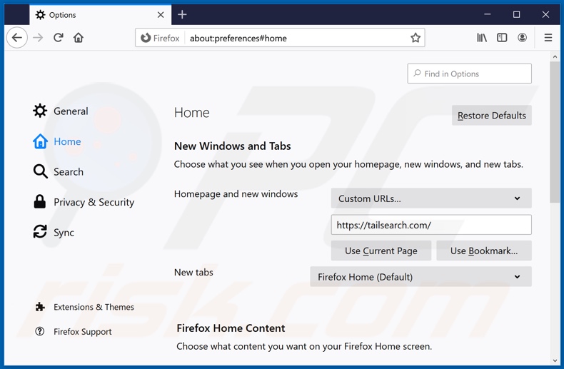 Removing tailsearch.com from Mozilla Firefox homepage