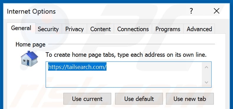 Removing tailsearch.com from Internet Explorer homepage