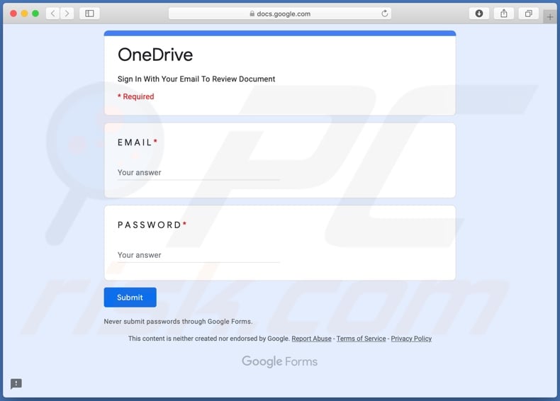 OneDrive email scam fake page stealing account credentials