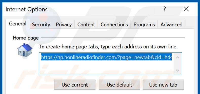 Removing honlineradiofinder.com from Internet Explorer homepage