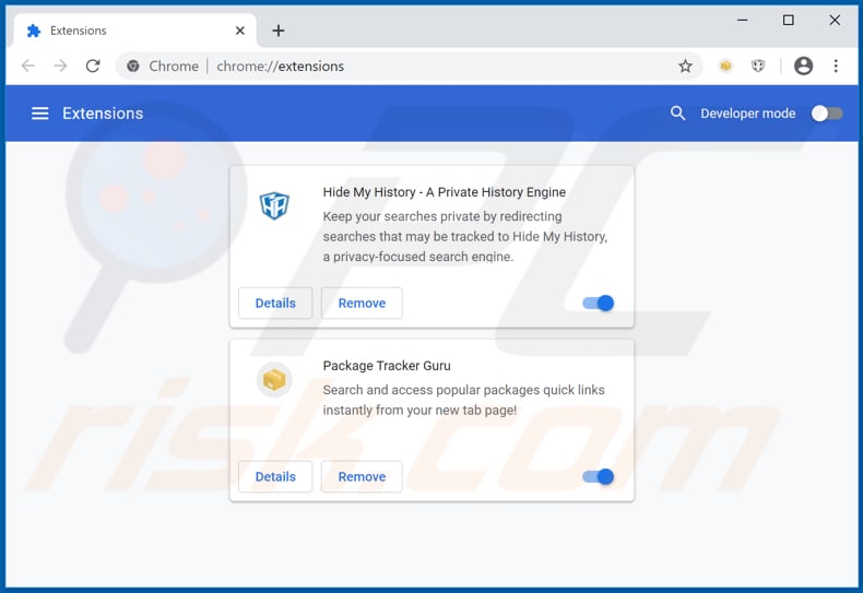 Removing hpackagetrackerguru.com related Google Chrome extensions