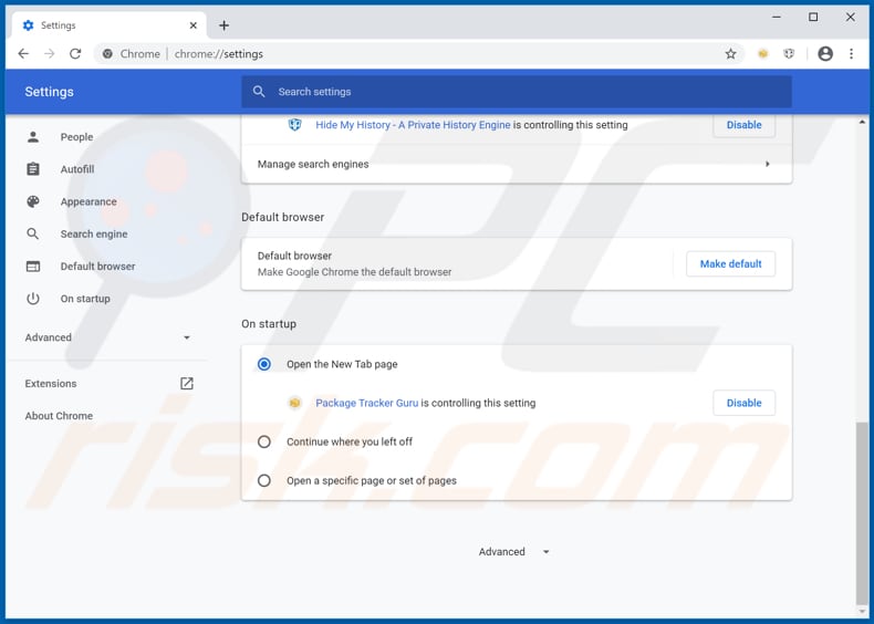 Removing hpackagetrackerguru.com from Google Chrome homepage