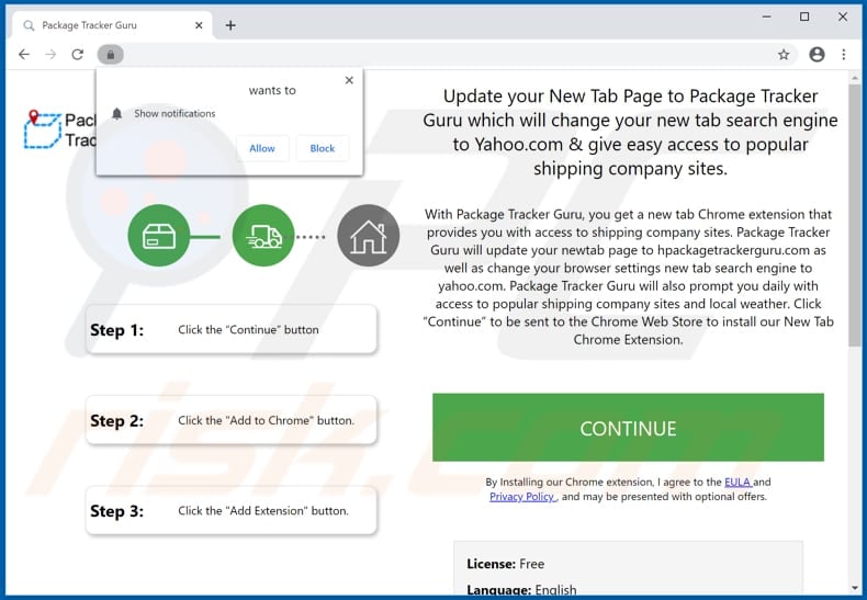 Website used to promote Package Tracker Guru browser hijacker