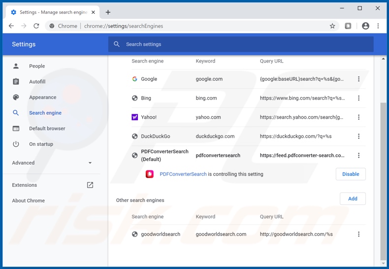 Removing pdfconverter-search.com from Google Chrome default search engine