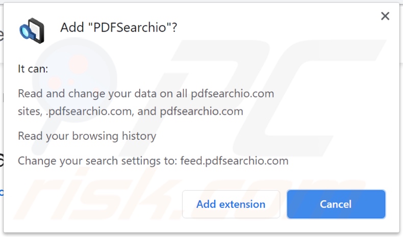 PDFSearchio browser hijacker asking for permissions