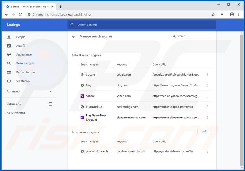 Removing playgamenowtab1.com from Google Chrome default search engine