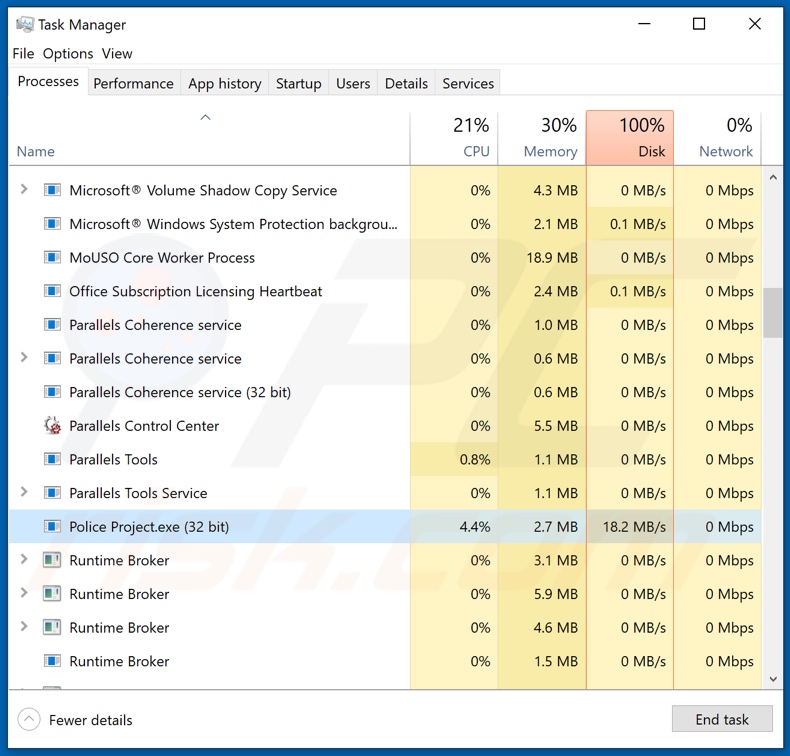 Police ransomware process on task manager (Police Project.exe)