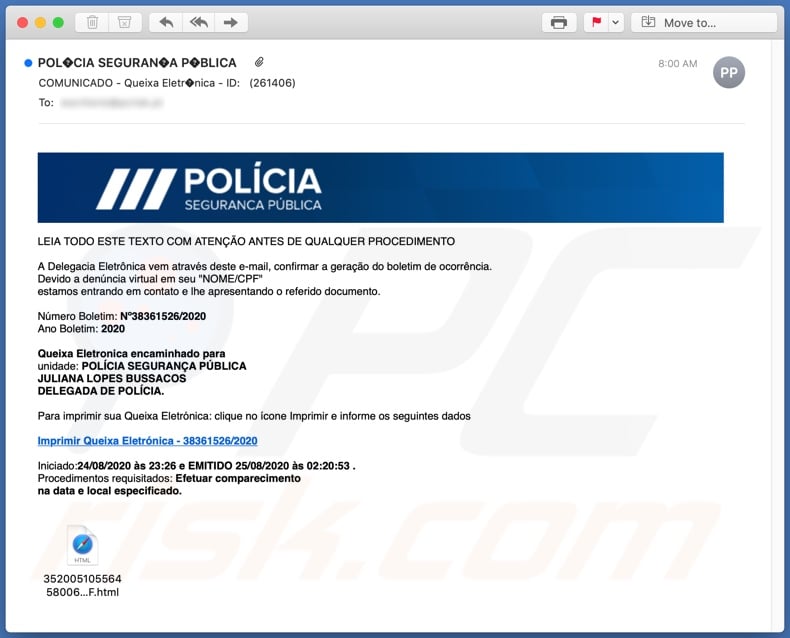 POLÍCIA SEGURANÇA PÚBLICA email spam campaign