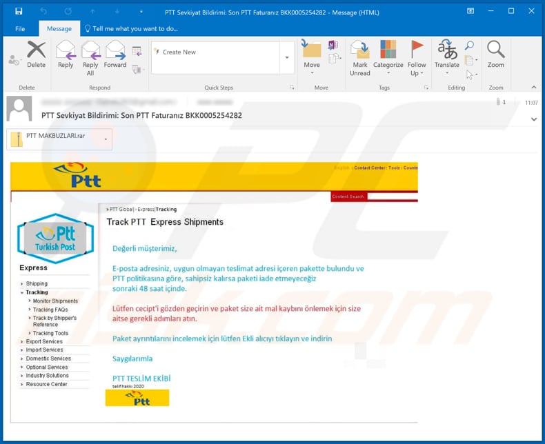 Ptt Email Virus malware-spreading email spam campaign