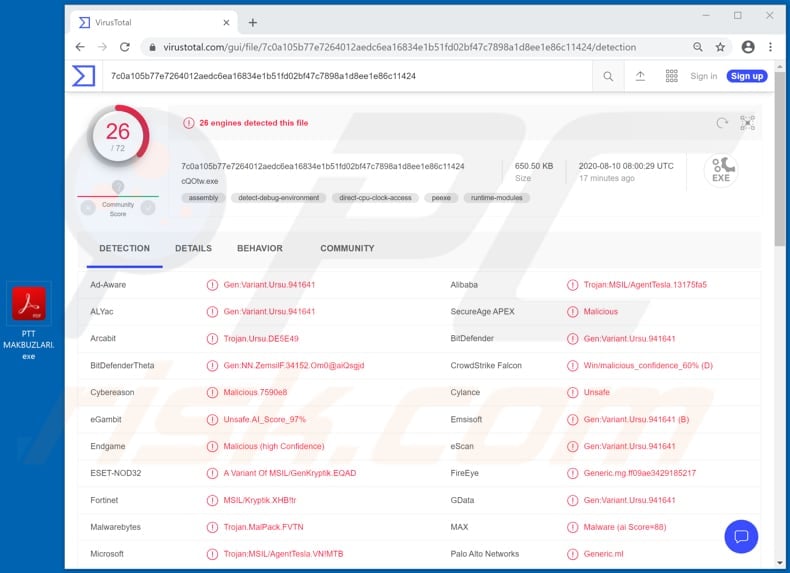 ptt email virus virustotal detections