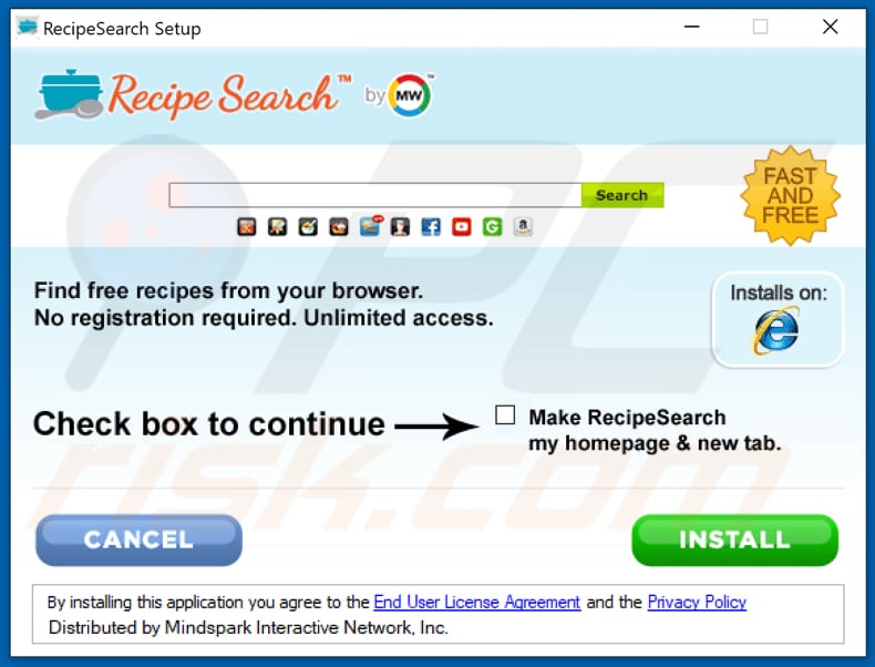 Official RecipeSearch browser hijacker installation setup