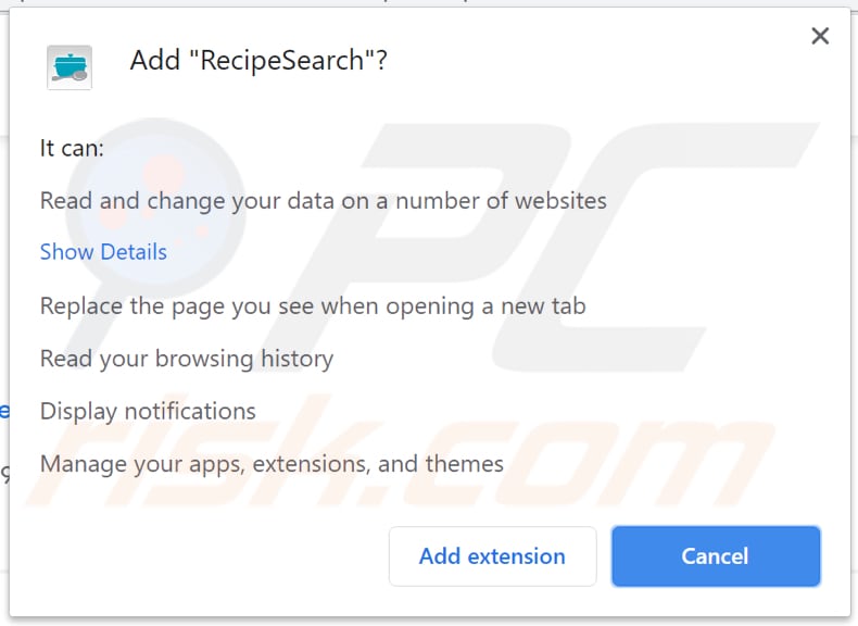 recipesearch toolbar notification chrome