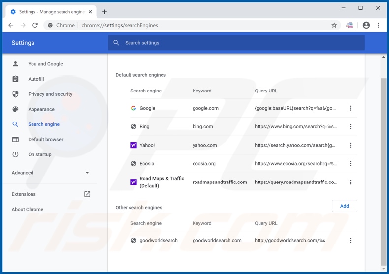 Removing search.roadmapsandtraffic.com from Google Chrome default search engine